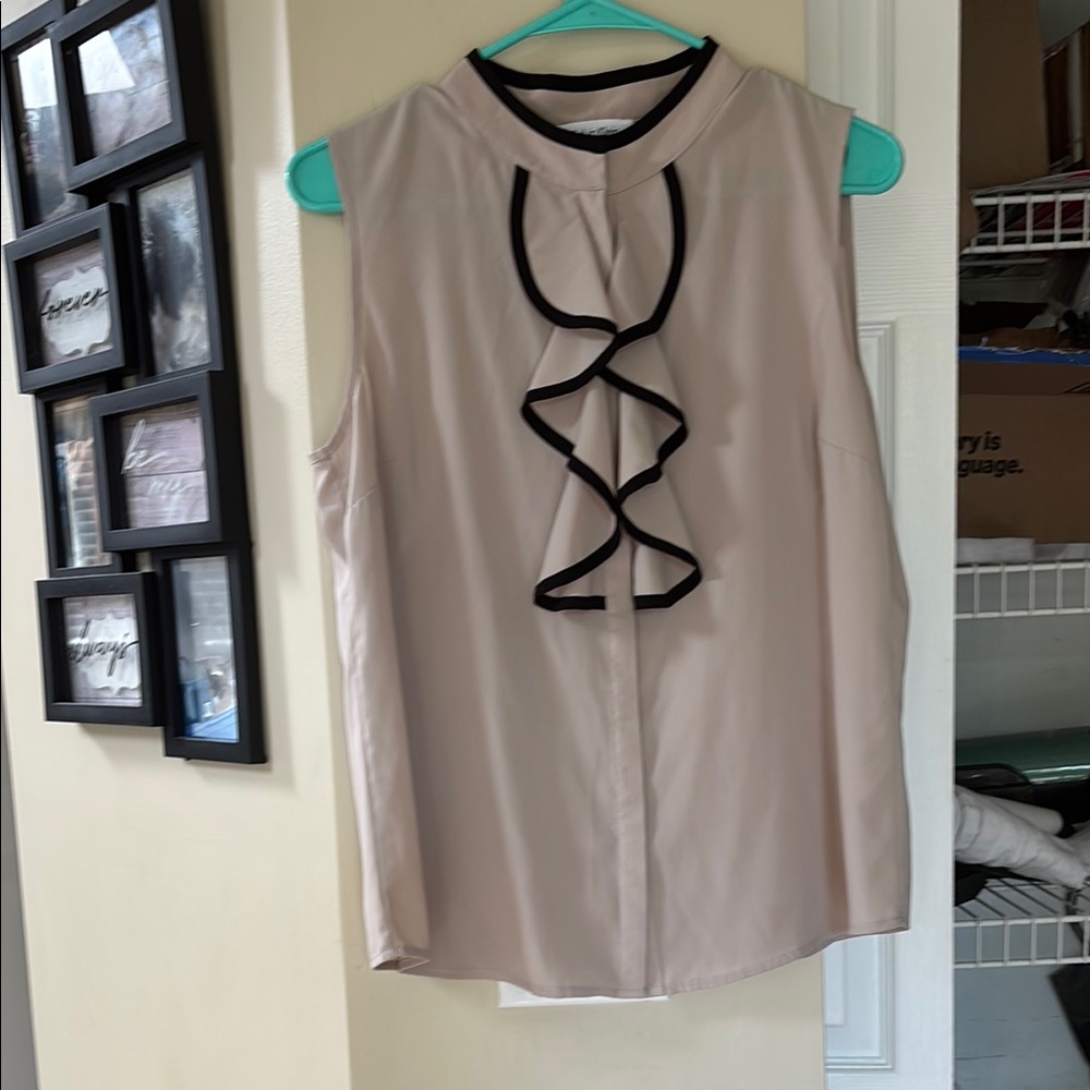 Calvin Klein Taupe and Black Lines Ruffled Sleeveless Blouse